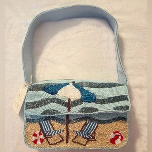 Sol and Mer Beaded Beach Scene Shoulder Bag - Light Blue